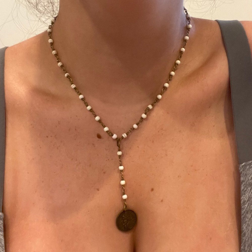 White Bead with Gold Coin Necklace